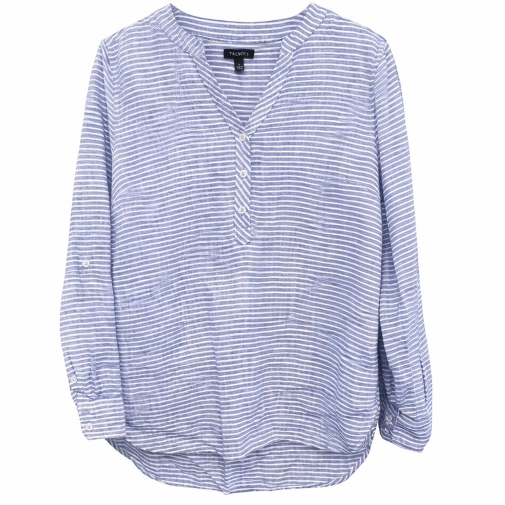 LINEN blend Blue White Striped Talbot’s Blouse Roll Tab Sleeve Size Small